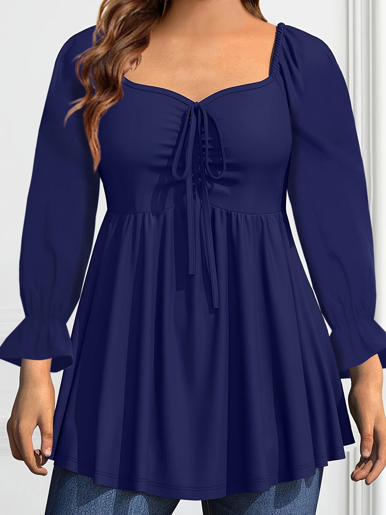 Women Square Collar Plus Size Top Long Sleeve Drawstring Bandage Pleated Medium Stretch Solid Casual Top