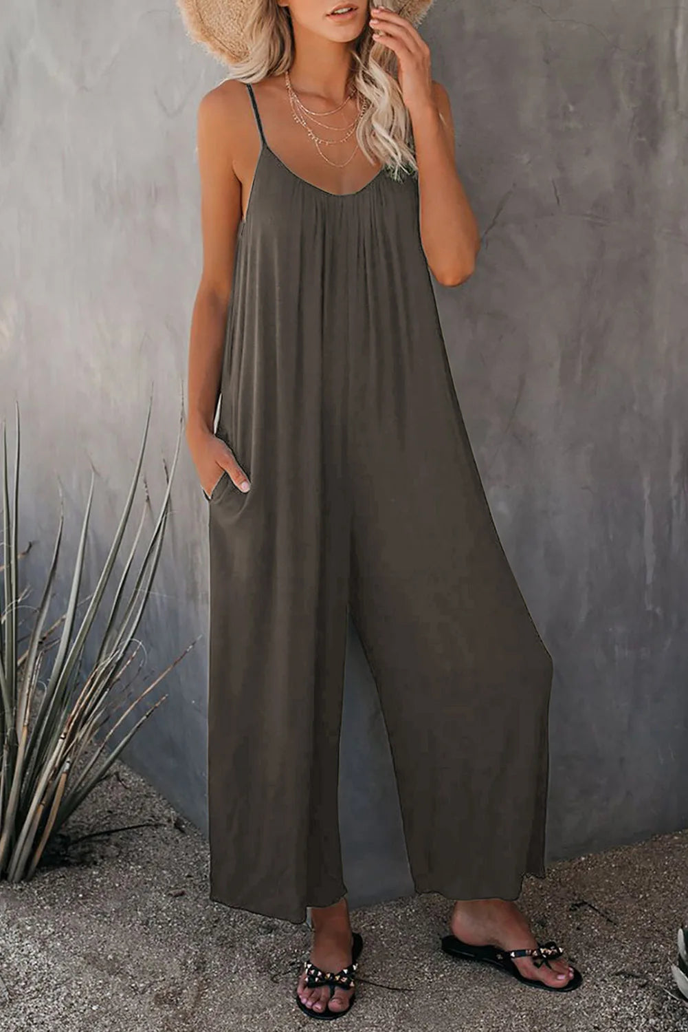 European Women's Summer New Solid Colour Pocket Casual Jumpsuit.  S-xxxL