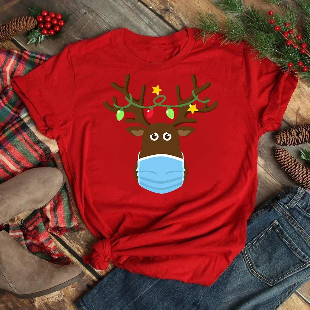 Women's Kawaii Christmas Top - Santa Claus & Deer O-Neck Y2K T-Shirt.  S-3X
