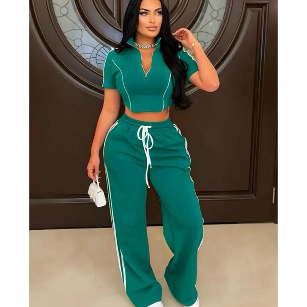 Fashion Casual Short Hoodie 2 Piece Women Short Sleeved Sport Shirt Stripe Splicing Long Pant Suit.  S-2X