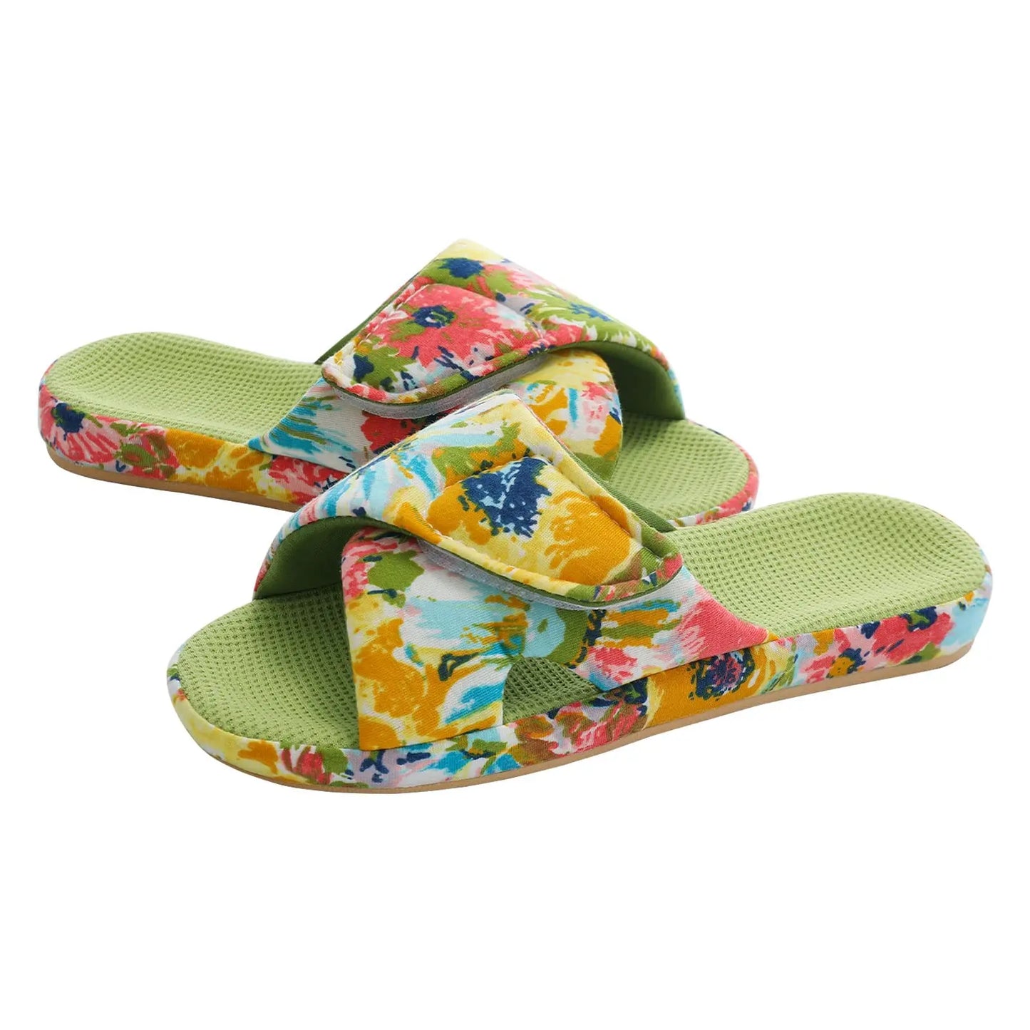 Comwarm Waffle Indoor Cotton Slippers For Women Open Toe Anti-Slip Home Slippers Four Seasons Flat with Arch Support.