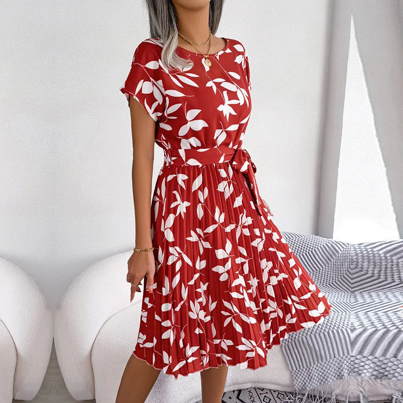 Women Spring Summer Short Sleeve High Waist Fashion Floral Pleated A Line Long Dress.  S-6X