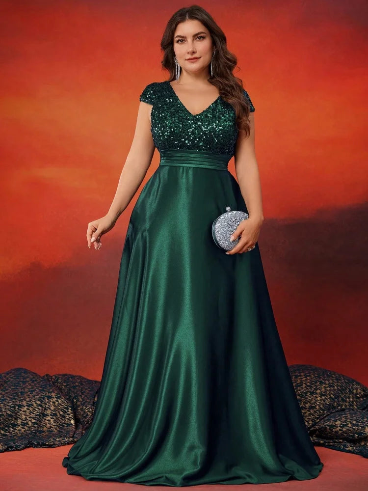 Plus Size Elegant V-Neck Sequin Evening Dress Long Luxury Satin Short Sleeves Party, Prom, Cocktail Dress