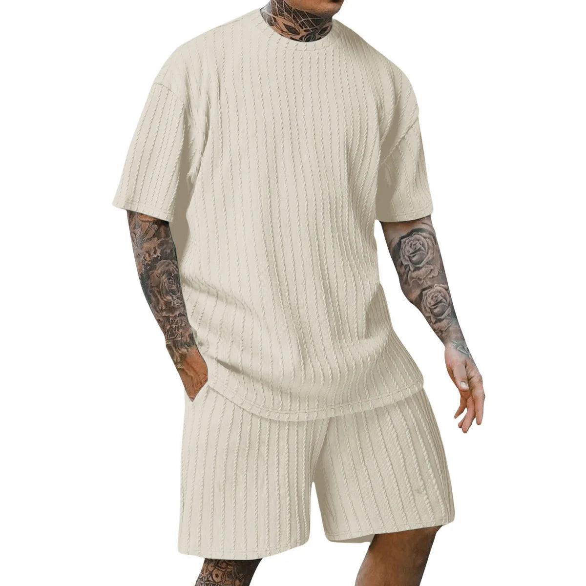 Men's Popular Casual And Soft New 2025 Two-Piece Solid Colour Crew Neck Vertical Stripe T-shirt And Shorts.