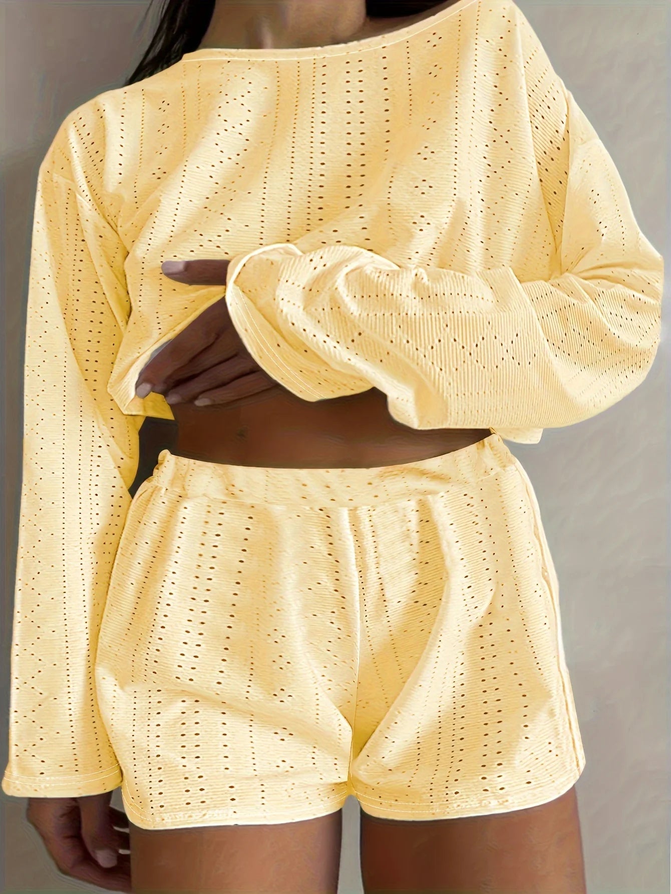 Plus Size Eyelet Casual Shorts Set, Crew Neck Long Sleeve Top & Shorts Outfit