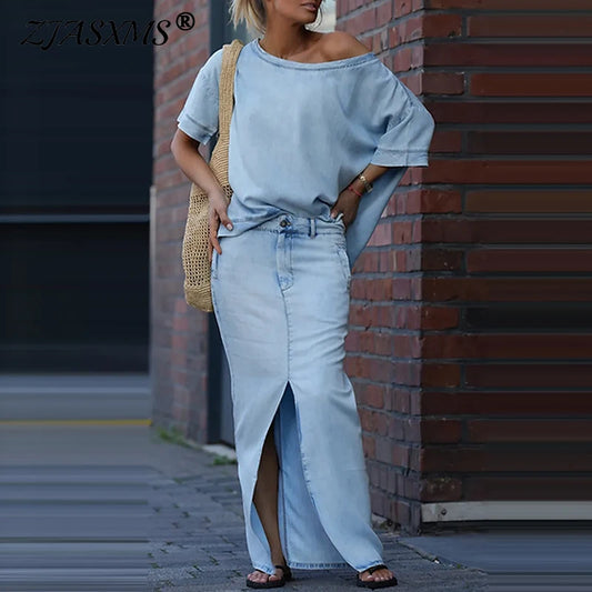New Women's Two Piece Set Skew Collar Hollow Out Top Pullover & Split Skirt Outfit Simple Solid Outfit.