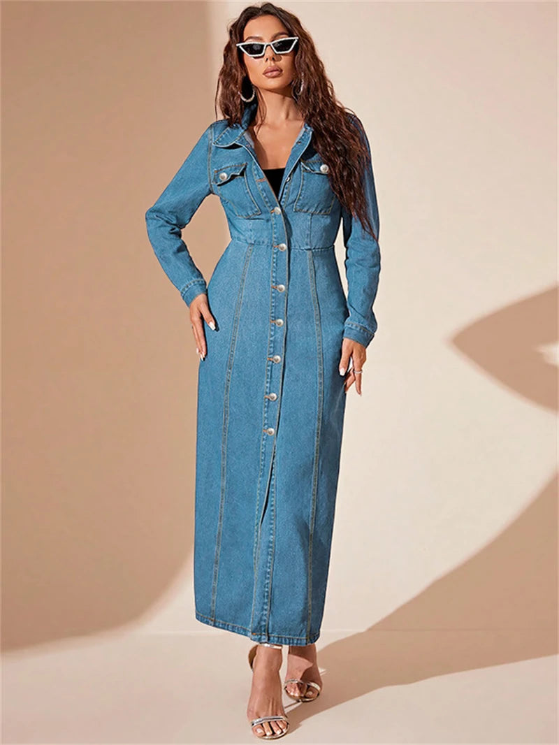 Streetwear Slim Fit Denim Dress Women Full Sleeve Single Breasted Denim long Dress.  Vestidos,     S-2X