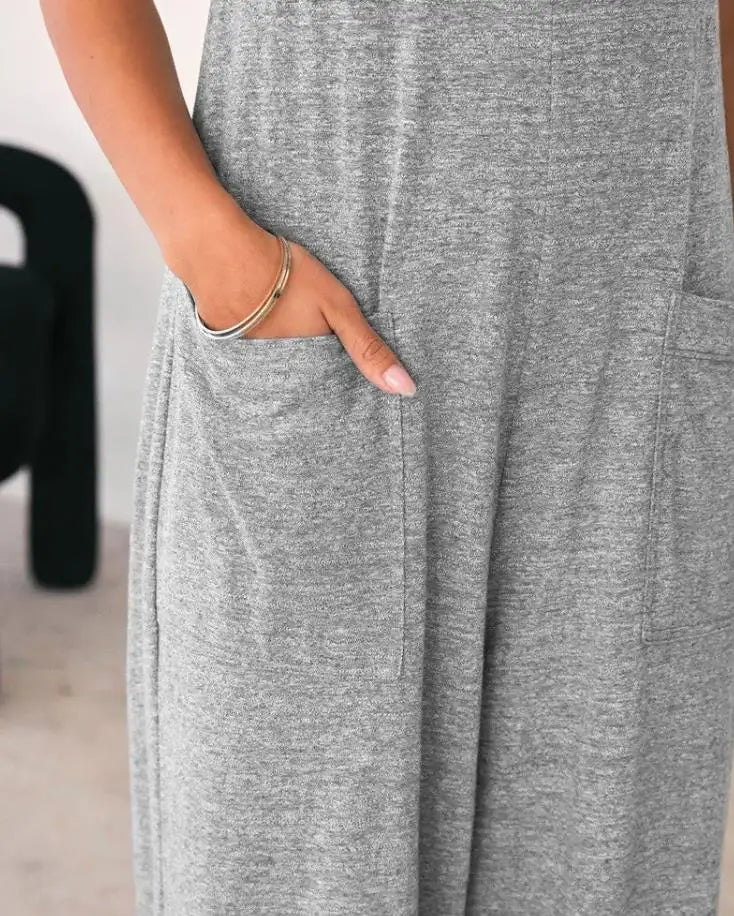 Jumpsuit For Women Fashion Grey Pocket Design Spaghetti Strap Casual Daily Loose Wide Leg Jumpsuit.  S-XL