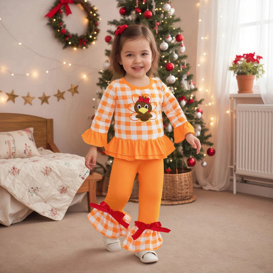 Toddler Girls Thanksgiving Clothes Sets Long Sleeve O Neck Turkey Embroidery Tops Flared Pants Sets Children Clothing