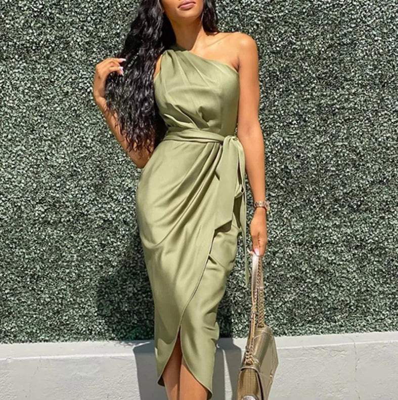 2025 Summer Women Sexy One Shoulder Satin Asymmetrical Ruched Midi Party Dress.
