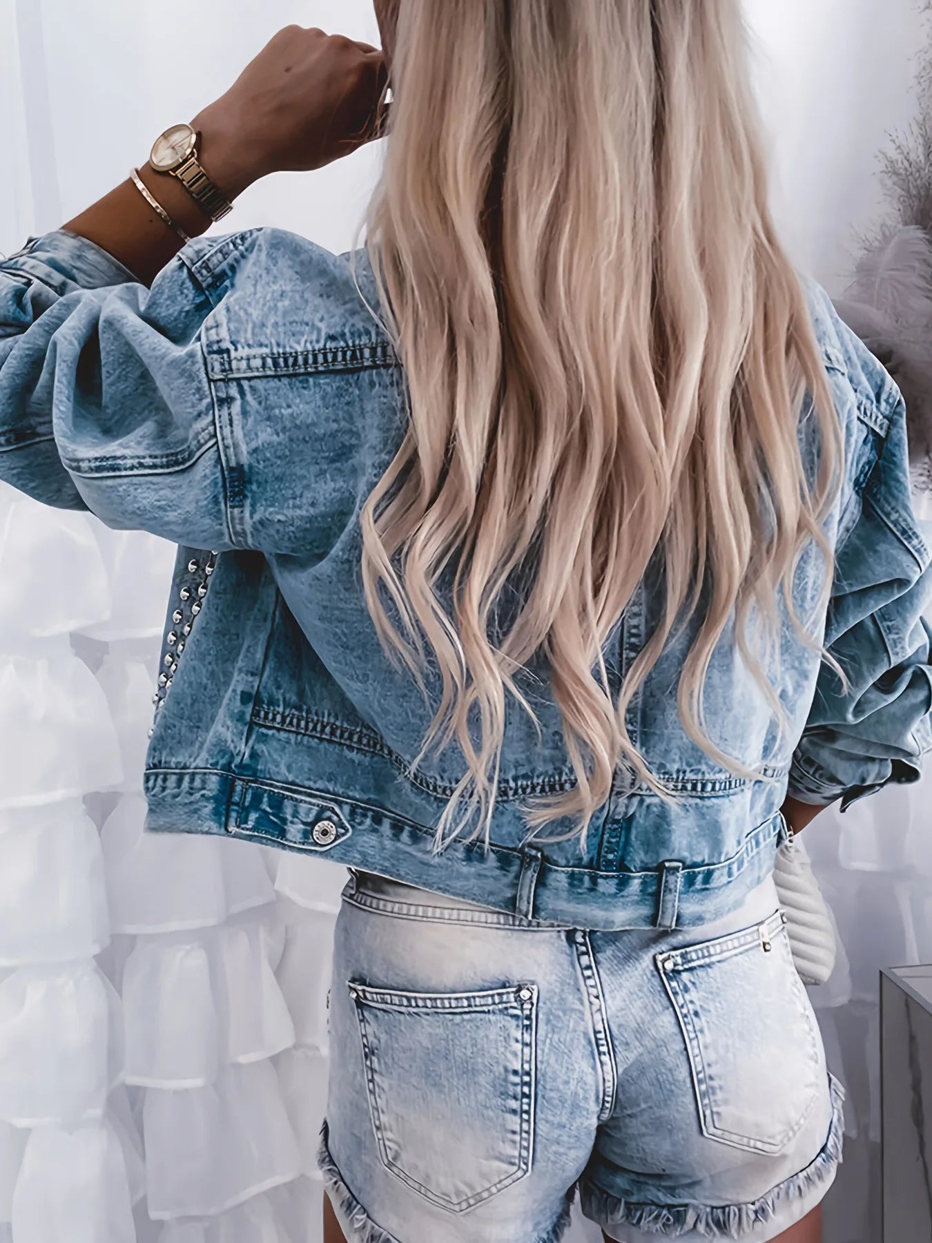 Women Denim Jacket Short Rivet Turn Down Collar Y2k Street-wear Open Stitch Punk Single Breasted Casual Jacket.   XS-L