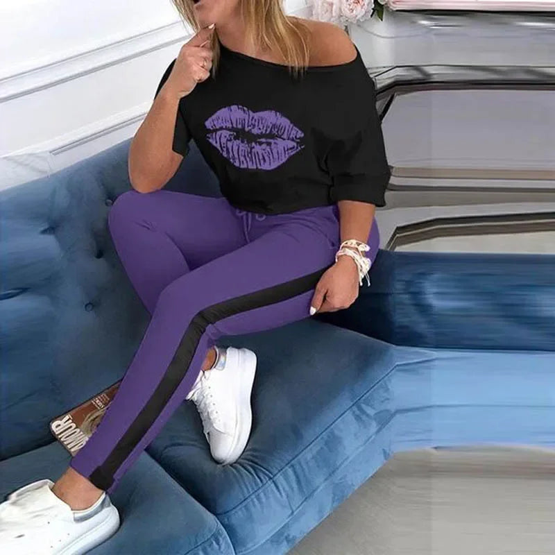 New Style Lip Print Round Neck Sports Set.  S-xl