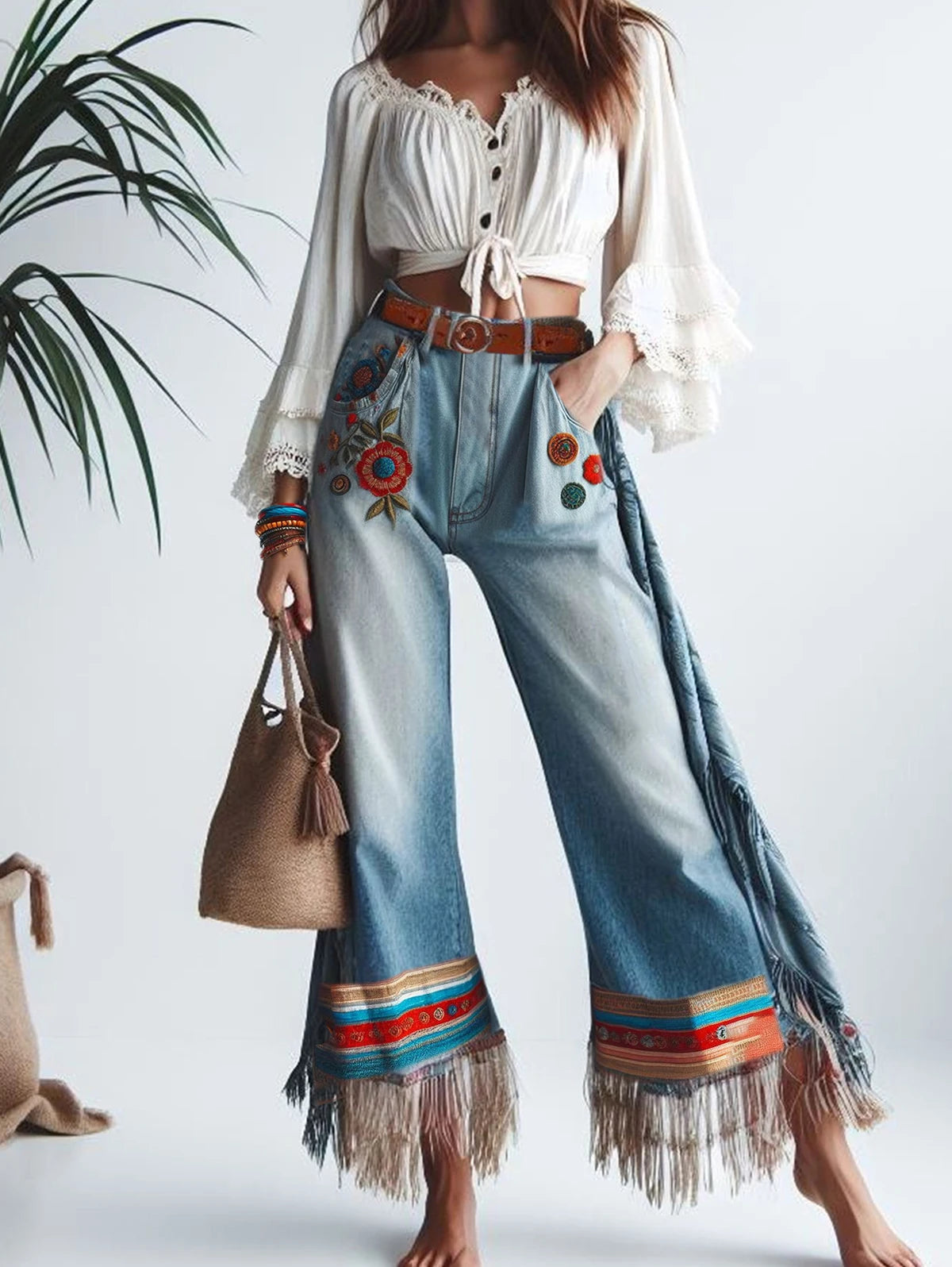 Women's Tassel Jeans Pockets Floral Embroidery Patchwork Denim Straight Leg Casual Vintage High Waist.