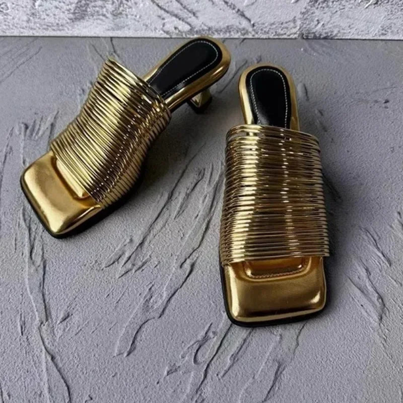 Square Toe Sandals Summer Shiny Solid Colour Heel Sandals