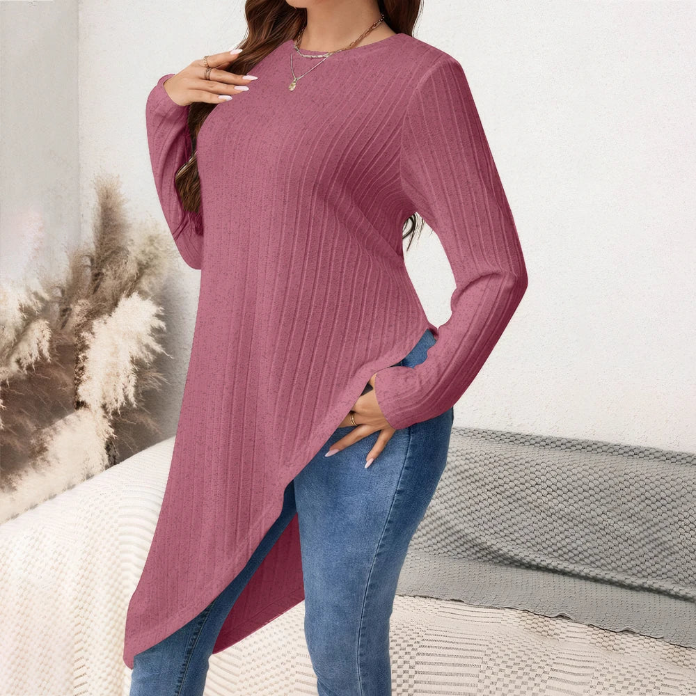 Women's Irregular Hem Ribbed Knit Top Blouses Plus Size Winter Long Sleeve Round Neck Long T-shirts Streetwear Pullovers Clothes