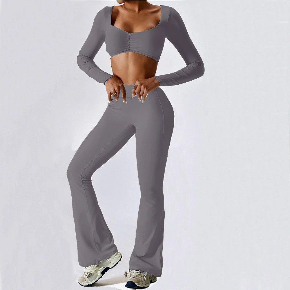 2-Pc Long Sleeve Pad Crop Top Yoga Set Big Leg Flare Scrunch Pant .