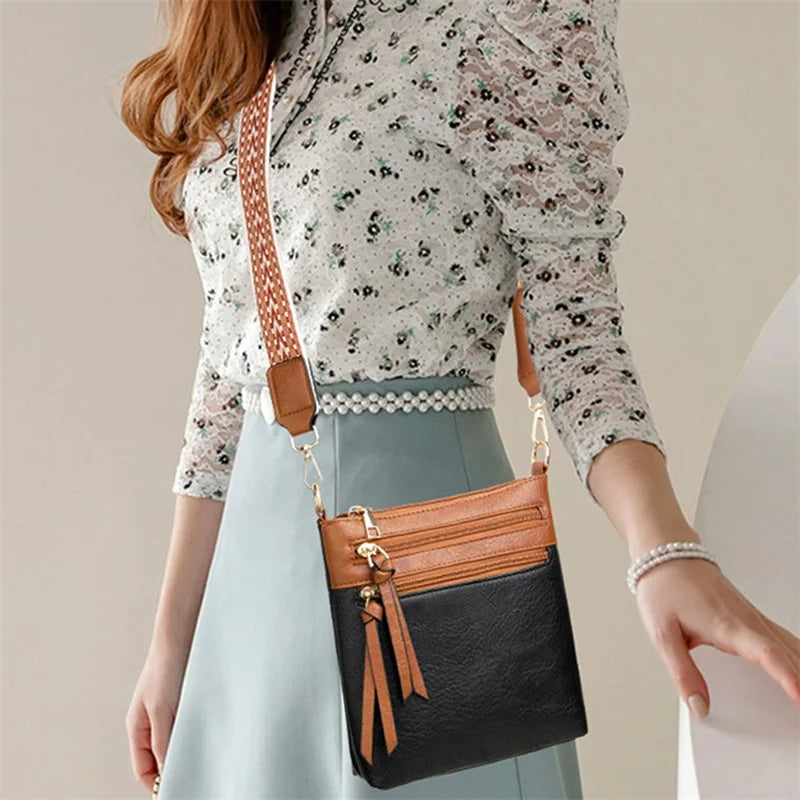 Women's Cross-body Bag with Adjustable Strap Multiple Zipper Design With Contrast Colour