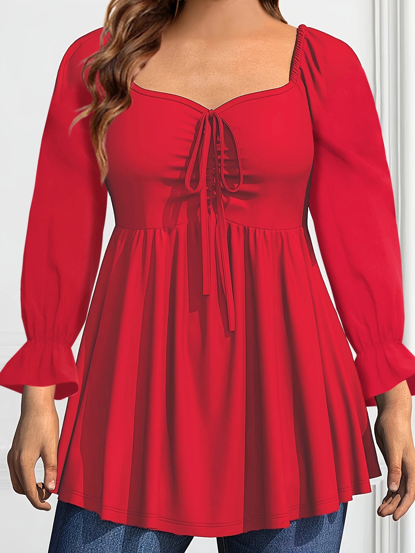 Women Square Collar Plus Size Top Long Sleeve Drawstring Bandage Pleated Medium Stretch Solid Casual Top