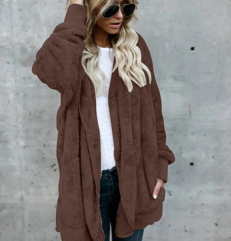Double Fleece Cardigan Solid Colour Long Sleeve Plush Warm Hooded Lady Oversized Outerwear Coat.  S-5X