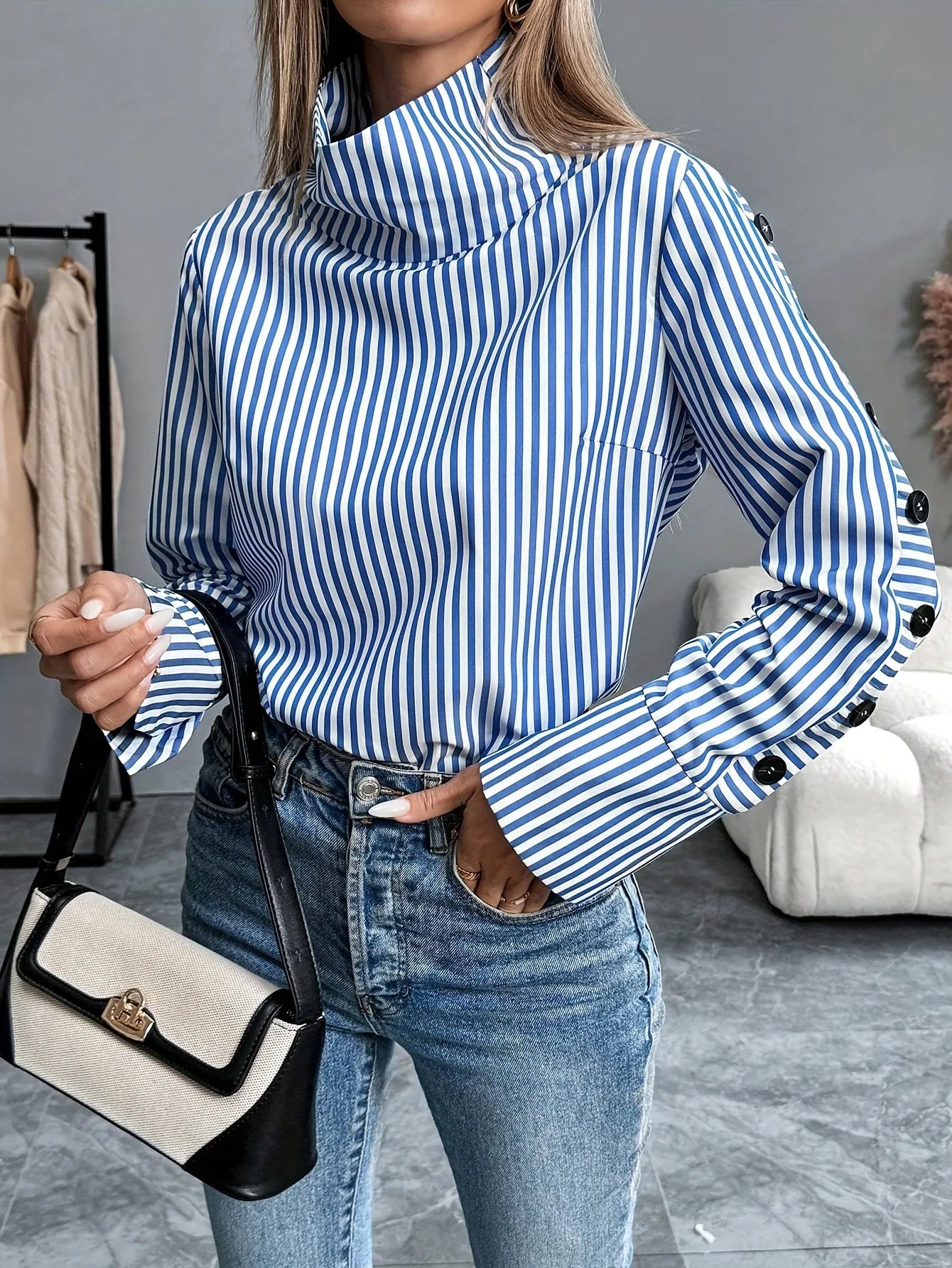 Spring Shirt New Stripe Long Sleeved Top For Women Elegant Woman Blouse .  S-2x
