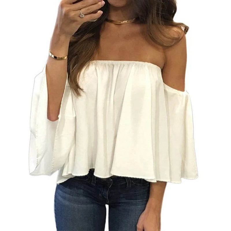 Solid Colour Sexy Off Shoulder Short Sleeve Summer Fashion Top.  S-2X