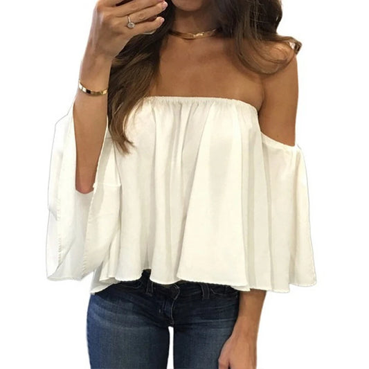 Solid Colour Sexy Off Shoulder Short Sleeve Summer Fashion Top.  S-2X