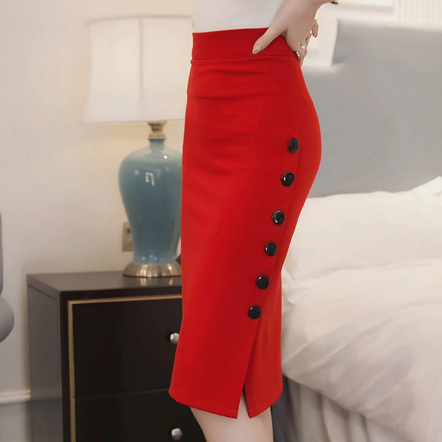 Elegant Women Vintage Slim High Waist Buttons Slit Pencil Skirt  S-3X