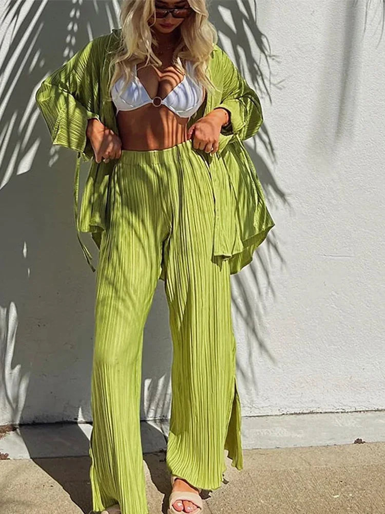 Women Pleated 2 Piece Long Sleeve Blouse And Split Wide Leg Pant Suit.