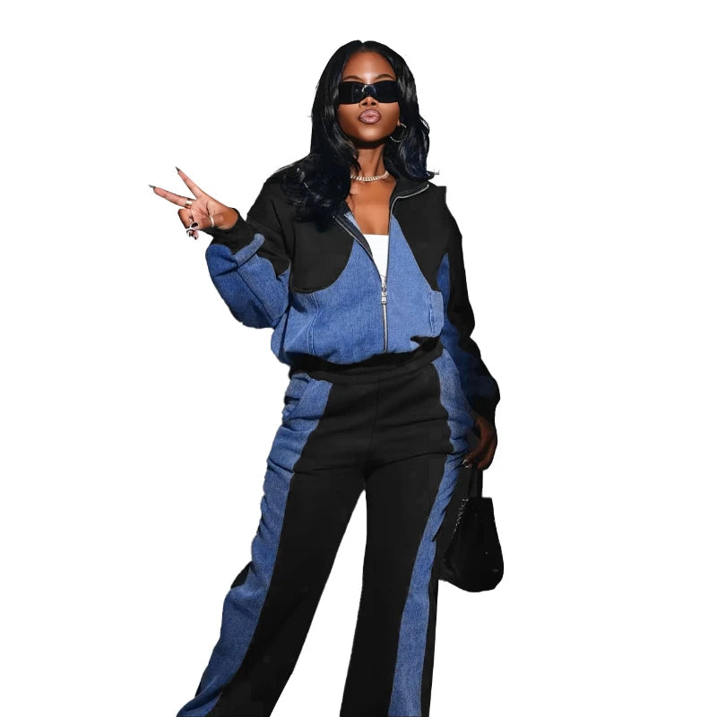 Women Two Piece Denim Matching Zip Up Jacket & Long Pants High Elastic Waist Casual Tracksuit.  S-2XL