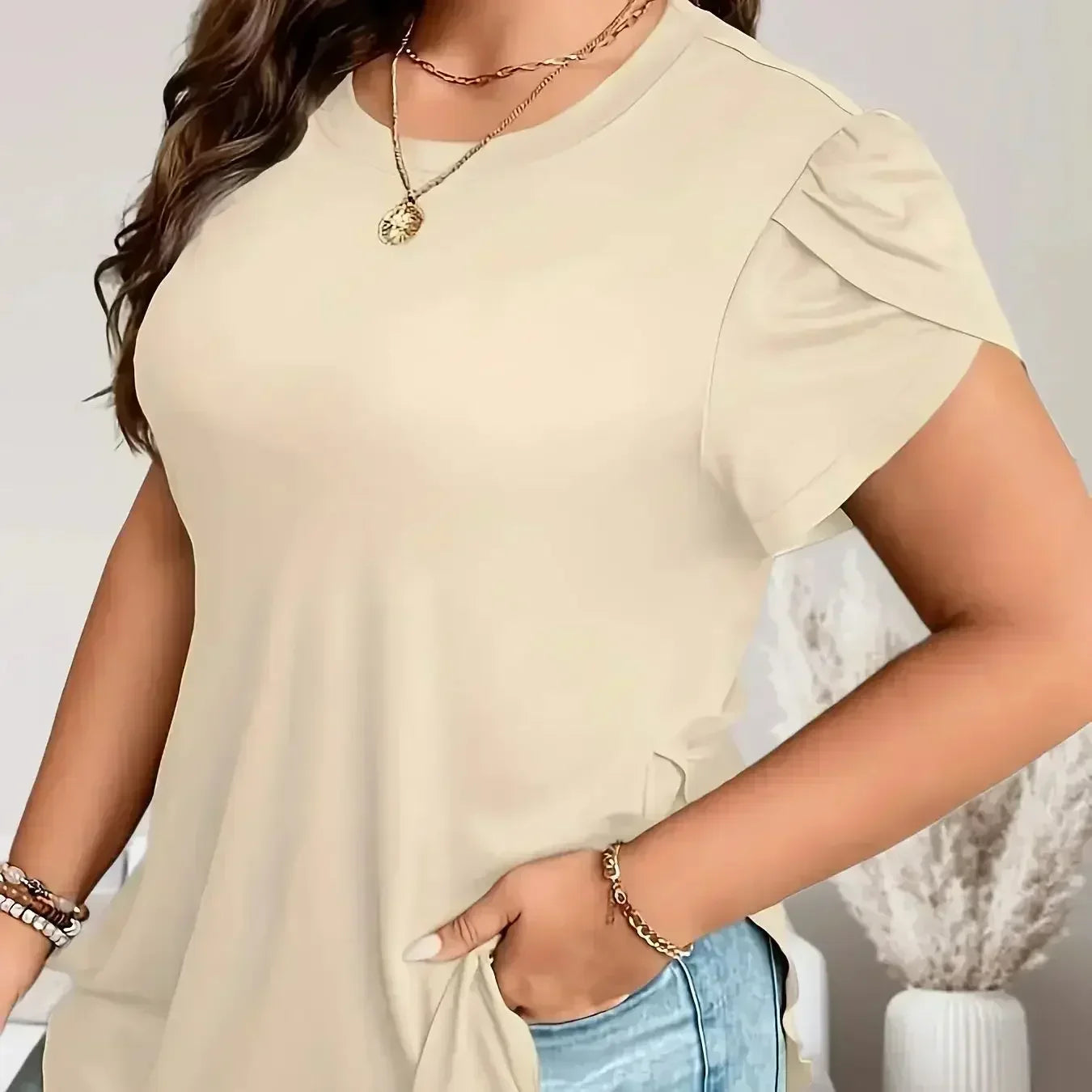 Women Plus Petal Sleeve Curved Hem Shirt Fashionable Style
