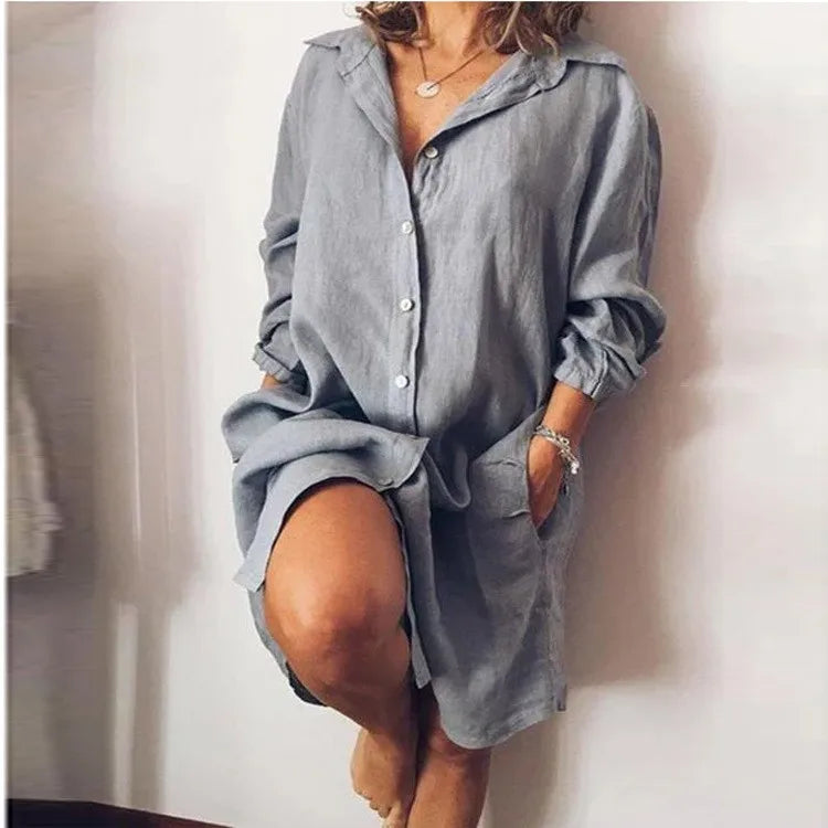 Linen And Cotton Ladies Shirt/Dress, Casual Long Sleeved   S-4xl