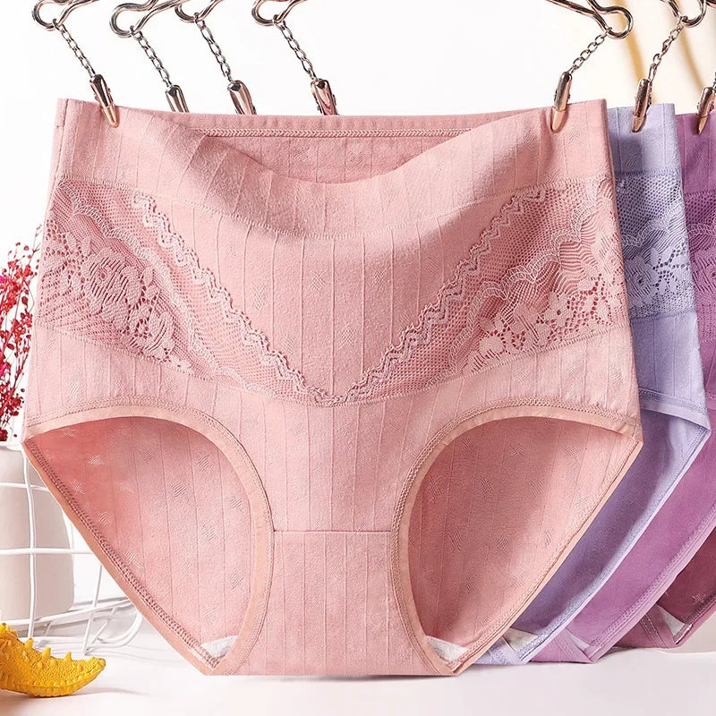 3pcs Curvy Size High Quality Cotton Underwear Lace High Waist Breathable Solid Colour.