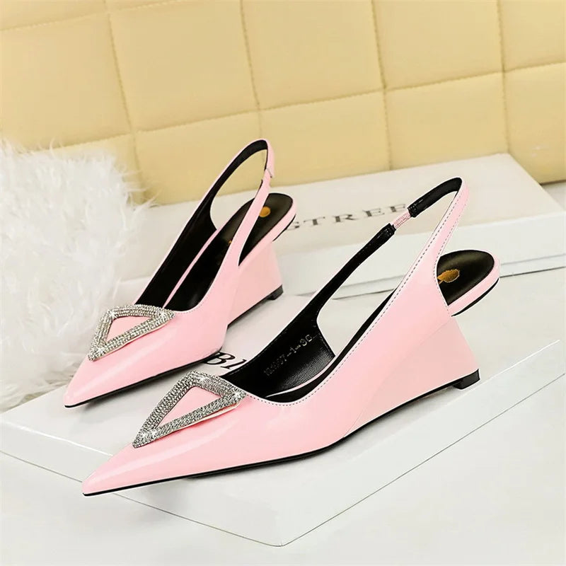 Women Wedge Shoe High Heel Pointed Toe, Back Straps Patent Leather Triangle Metal Crystal Buckle Pumps