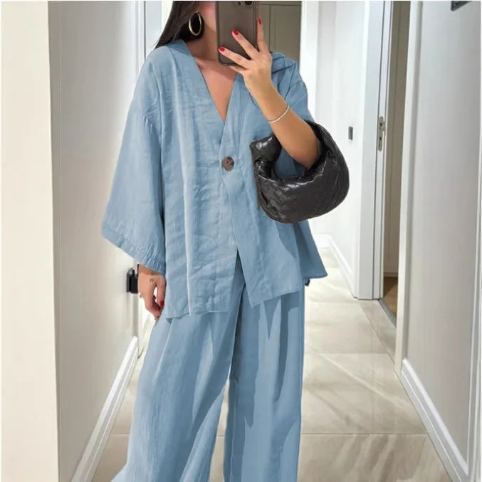 Spring Summer Fashion Cotton Blend Two Piece Set Causal Loose Top Wide Leg Pants 2 Piece Outfit.  S-3X