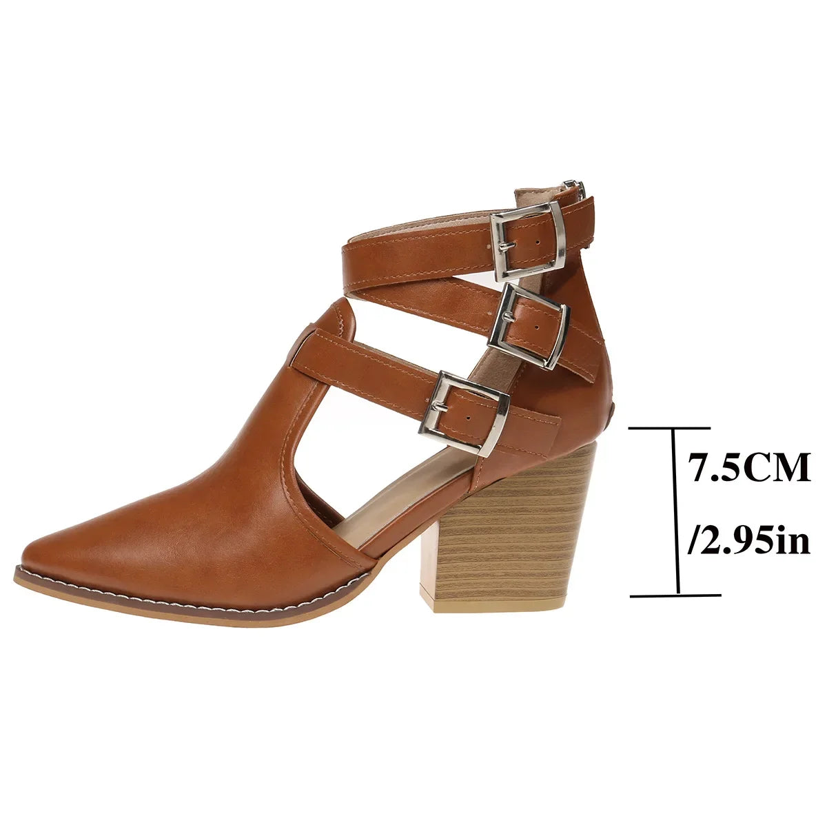 Thick Heel Pointed Toe Retro Belt Buckle Roman Booties PU Leather Rubber Sole