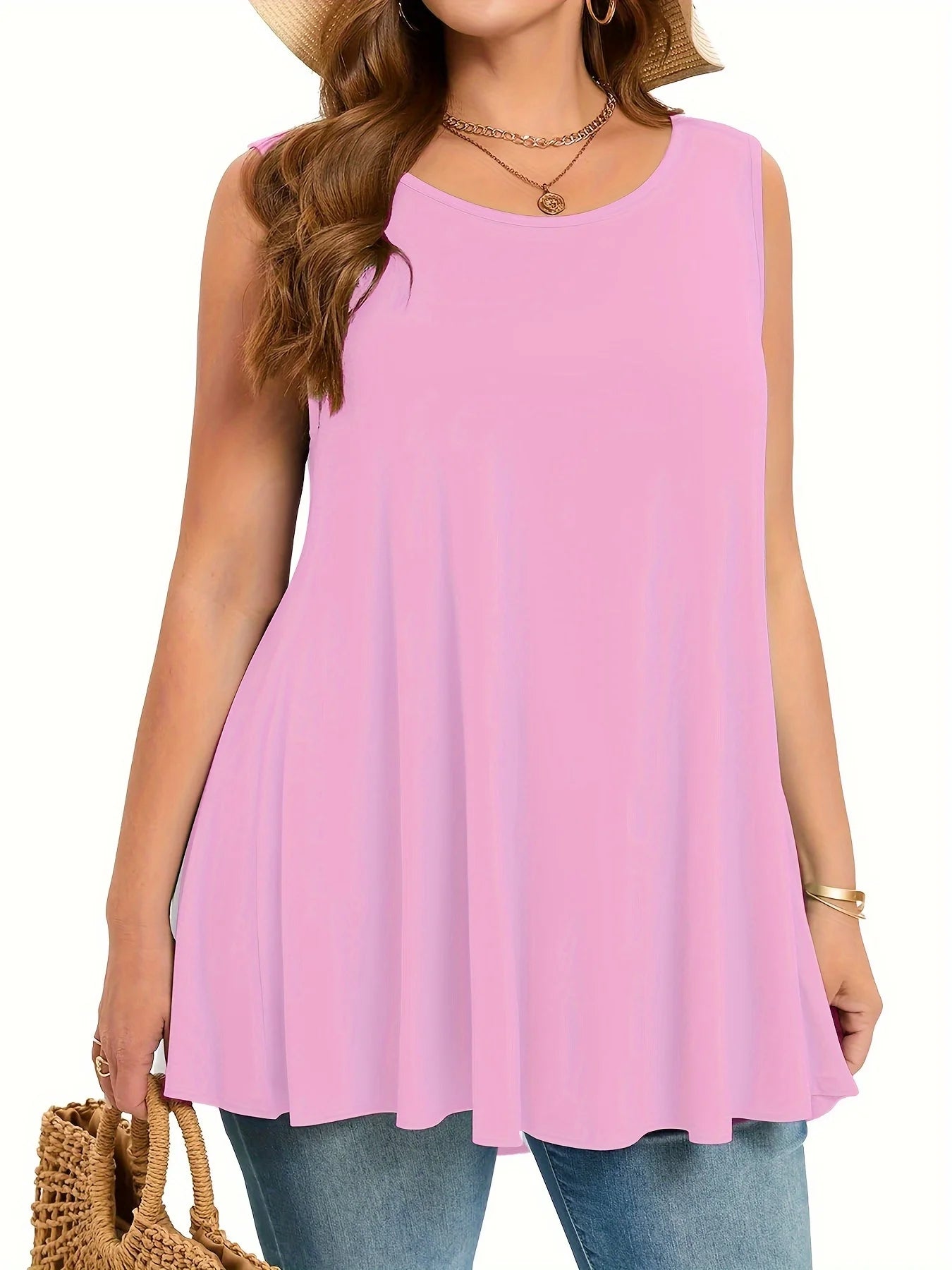 Plus-size Quality Women's Long Casual fashion Solid Colour Loose Round-Neck Sleeveless Tank