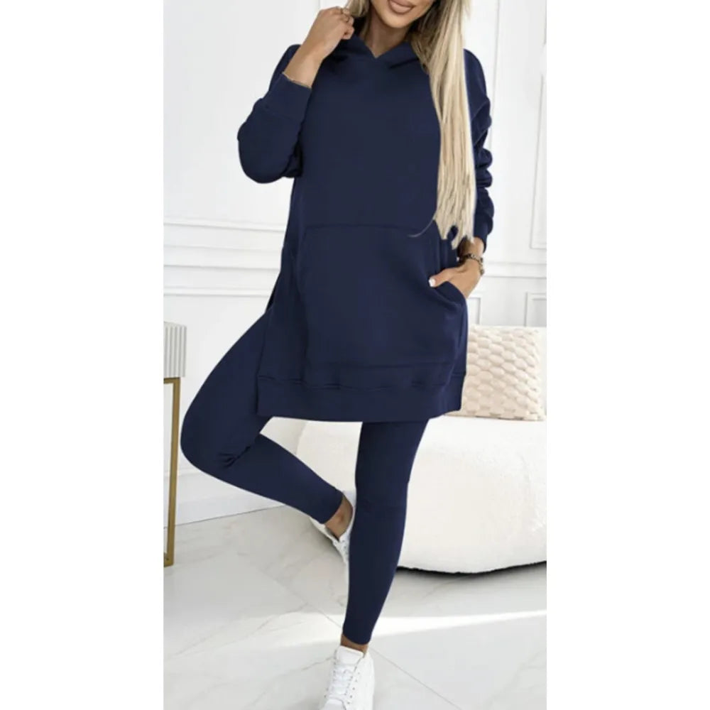 New Casual Hoodie Women's Solid Colour Simple Fashion Pocket Thick Thread Casual Leggings 2 Piece Set.  S-3x