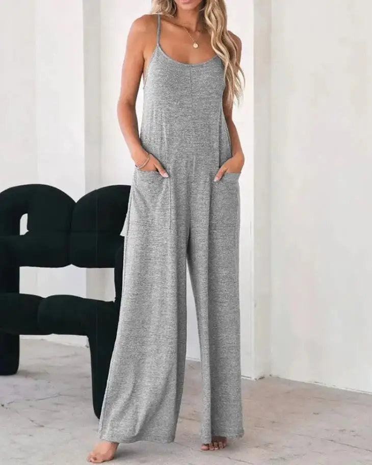 Jumpsuit For Women Fashion Grey Pocket Design Spaghetti Strap Casual Daily Loose Wide Leg Jumpsuit.  S-XL