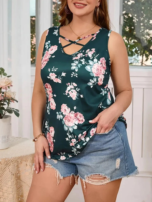 Plus Size Floral Print V-Neck Vest Tank, Soft Slight Stretch Polyester Fabric, Cross Front Detail.