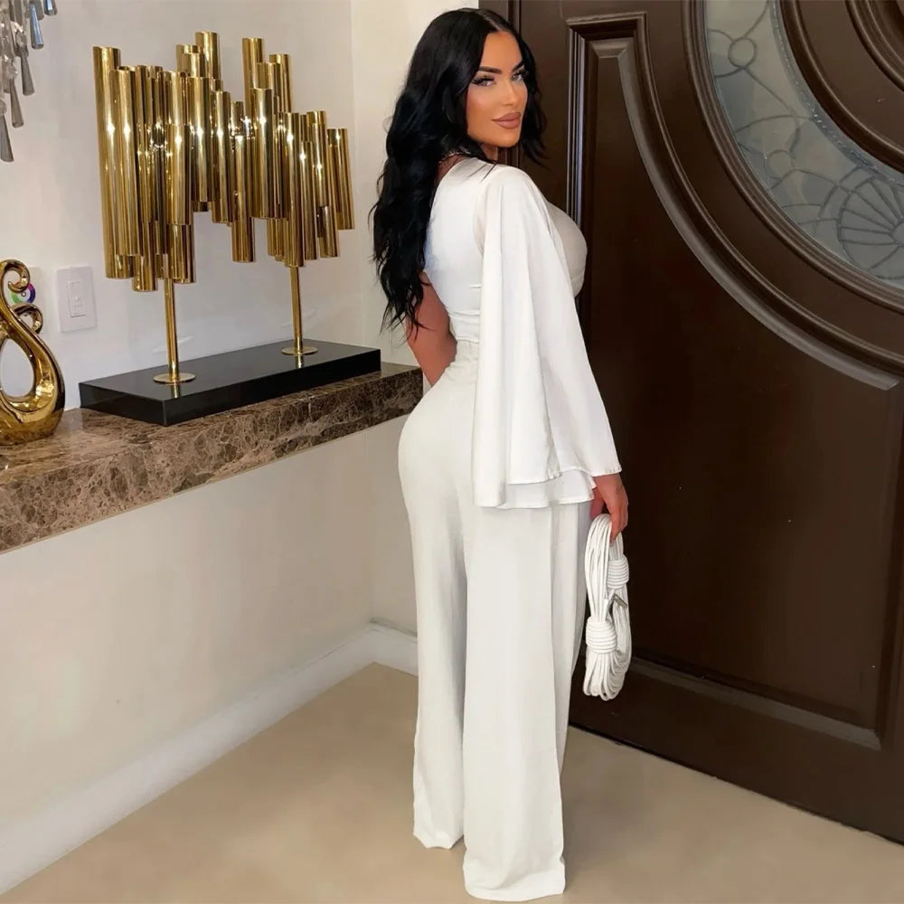 Ladies Sexy Two Piece Matching Set Wide Leg Pants One Shoulder Top.  Sz: S-xxL