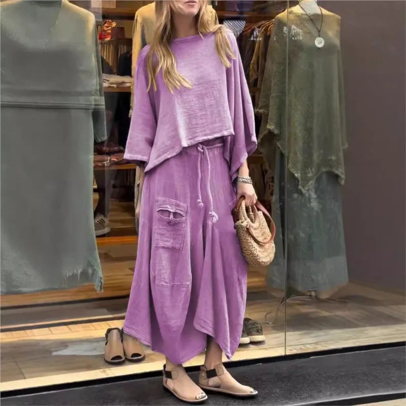 Casual Solid Cotton Linen 2 Piece Sets Women Spring O Neck Top Pullover Belted Skirt Outfit Fall 3/4 Sleeve Loose Suit