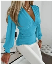 Sexy Deep V Women Bodycon Pleated Blouse.  Sz: S-xxL