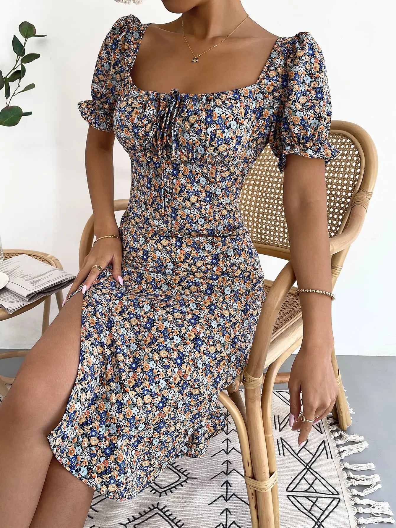 Elegant fashion women's dress, elegant print slit dress.  xS-2x