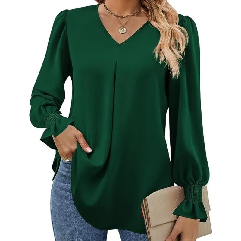 Women's Solid Colour Chiffon Shirt V-neck Long Sleeved Top Elegant Loose Blouse.  S-2X