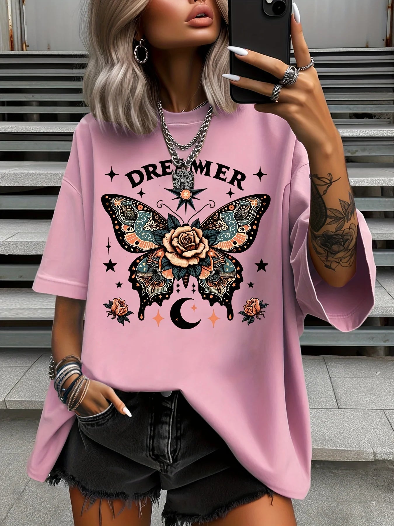 Plus Size Fashion Women's T-Shirt Original Design Butterfly Pattern Printed Casual Round Neck Short Sleeved Top