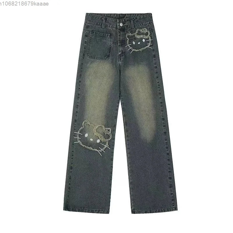 Ladies Hello Kitty Korean Version Street wear Jeans Vintage Blue Loose Cut.