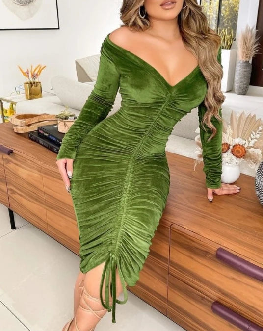 Elegant Dress for Women Long Sleeve Tight V-Neck Golden Velvet Sexy Party Night Out Dress.  S-2x
