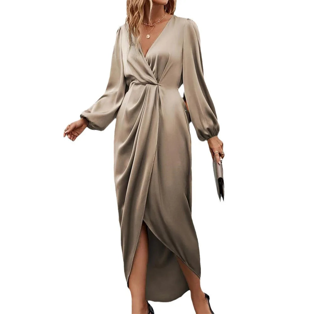 New Elegant Women's Maxi Dress With Folded Pleats Irregular Long Sleeves Dress .