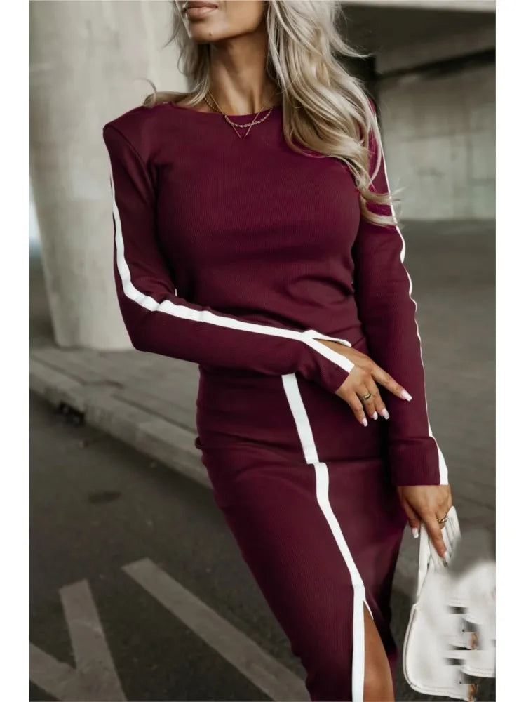 2025 Elegant Sexy Slit Skirt Outfit Long Sleeve Matching Casual Ladies Suit.  S-XL