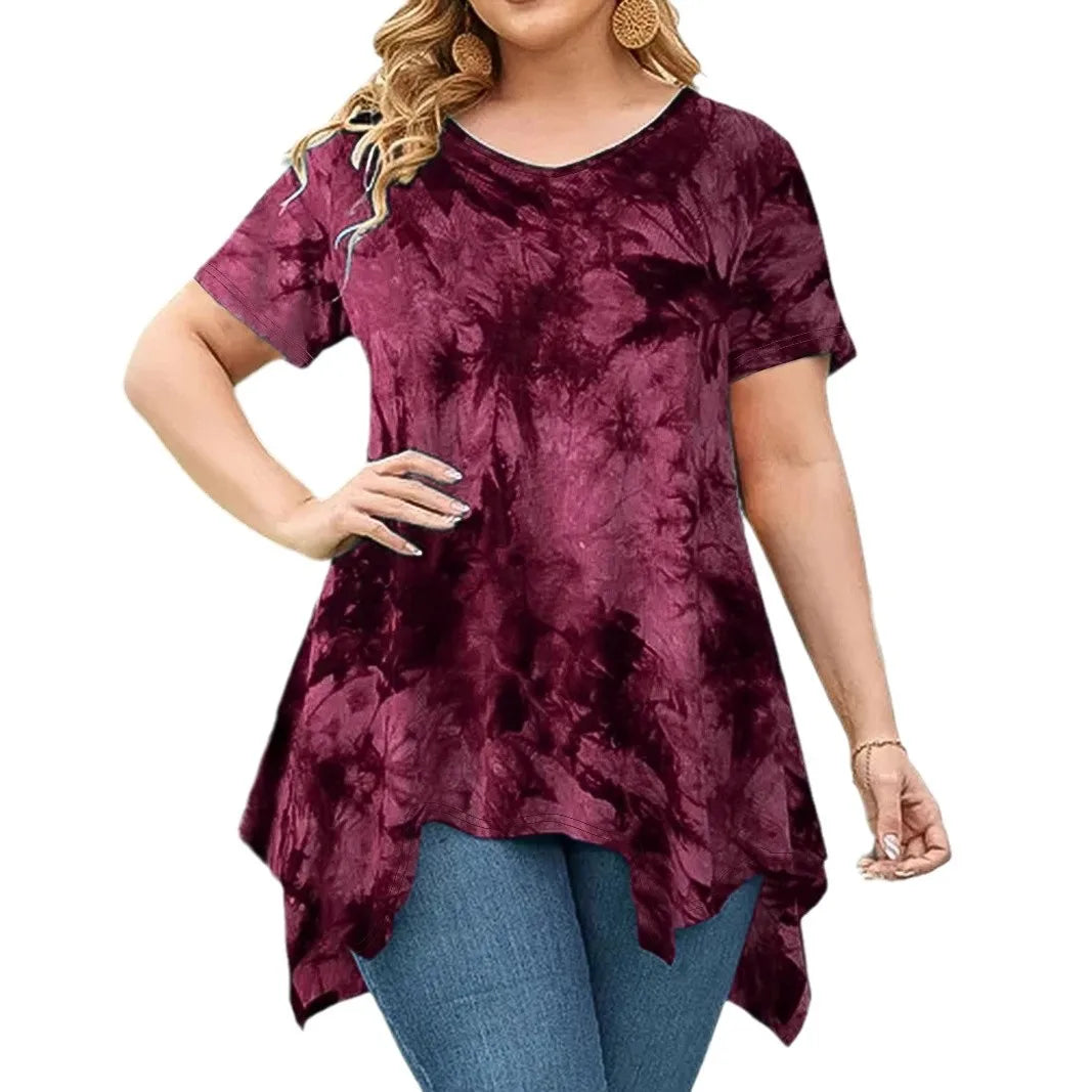 Plus Size Woman Short Sleeve Casual V Neck Loose Top.